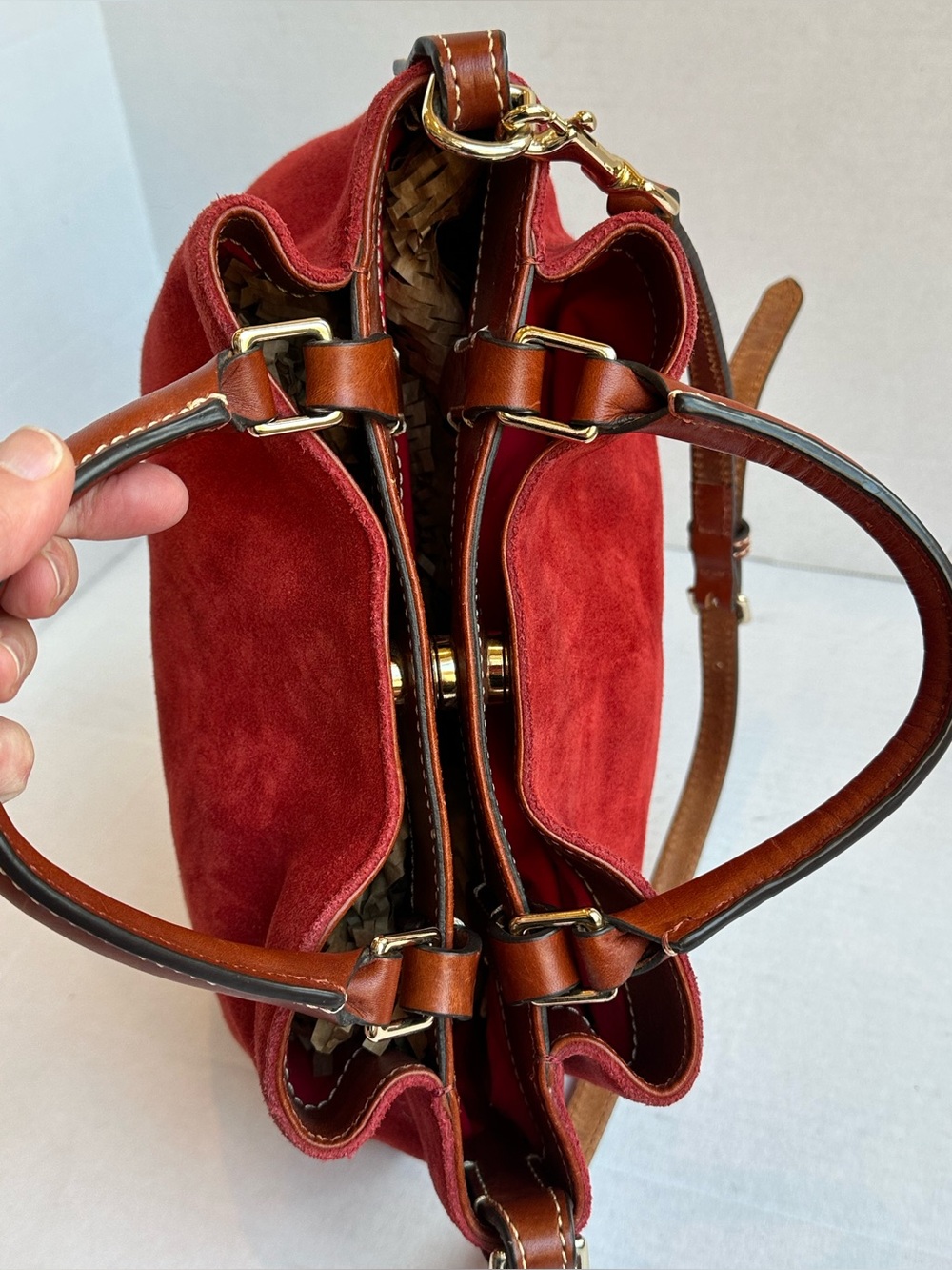 Dooney & Bourke Autumn Orange Suede Brown Leather Trim Medium Satchel Bag Rare - Picture 9 of 12